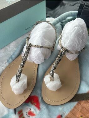 N.Y.L.A. Snake/Skull-Print T-Strap Sandals in Beige and Black
